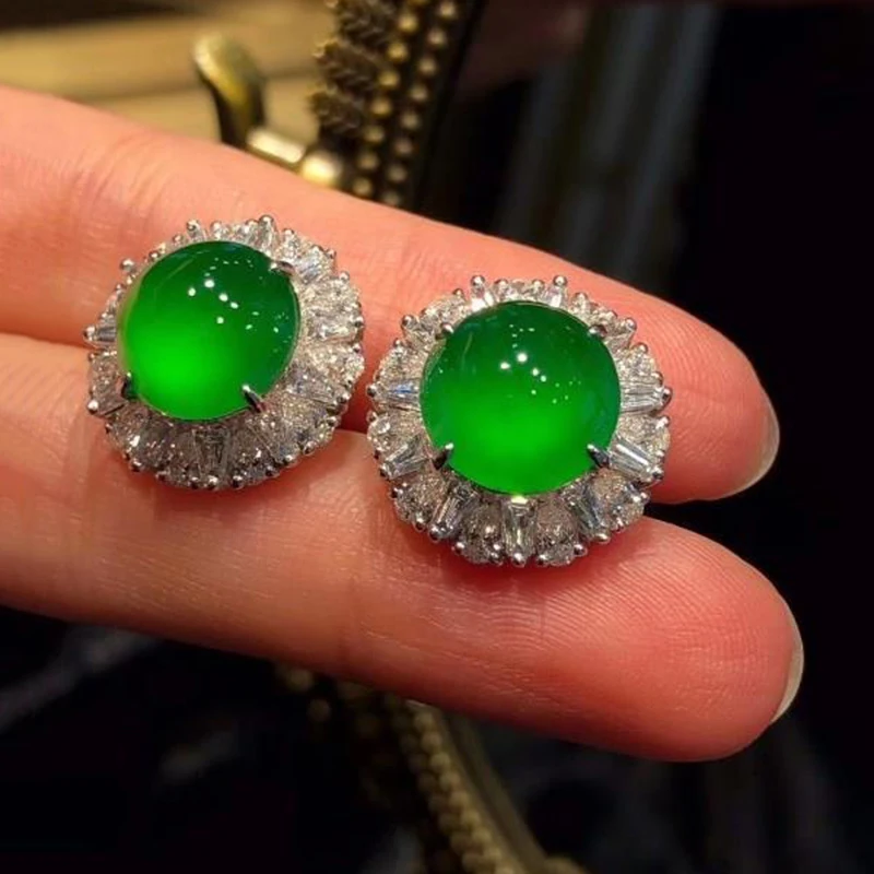 

New inlaid natural Hetian full green chalcedony round flower large earrings for women luxury exaggerated retro silver jewelry