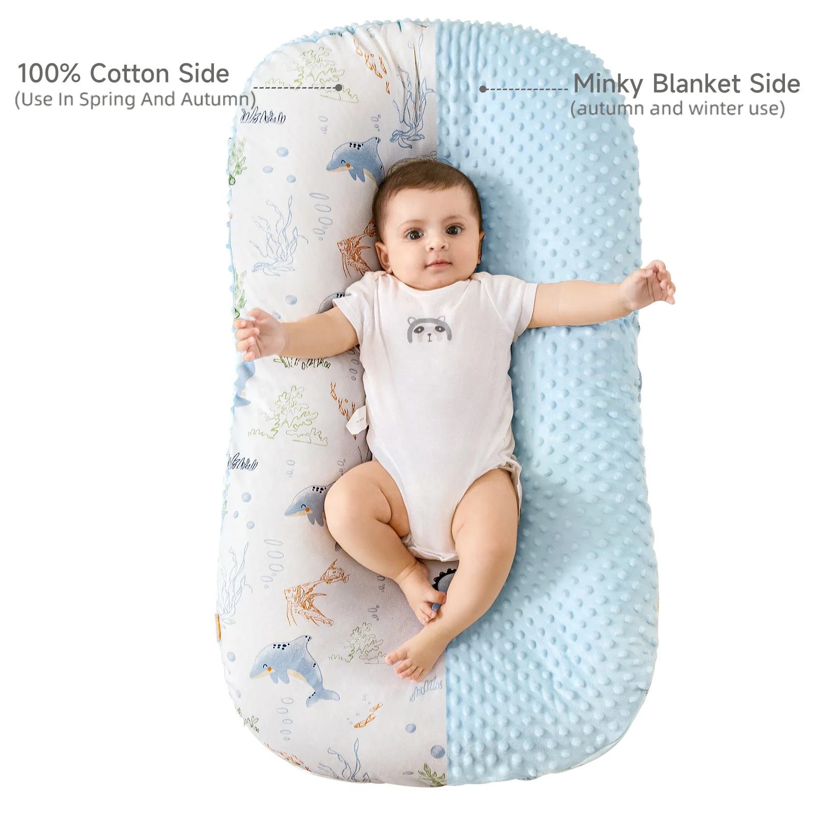 Chaise longue de couchage confortable pour tout-petits, couffin pour nouveau-né, dormeur de accent de bébé avec support en pointillé et couverture pour bébé