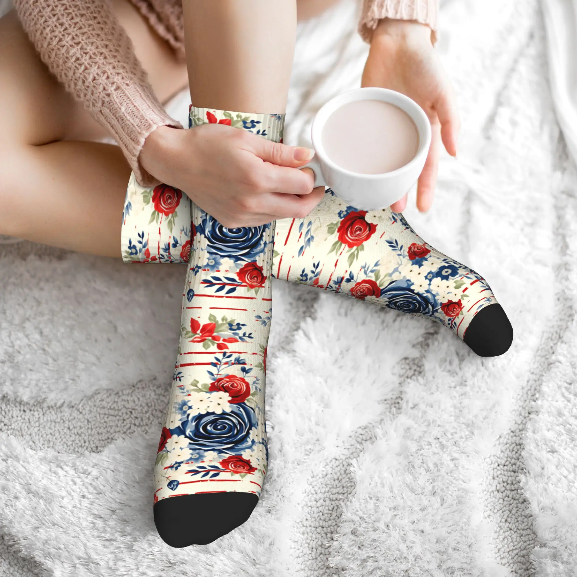 Fashion Patriotic Rose Floral Print Socks Men Women Warm 3D Print  Sports Basketball Socks view 6
