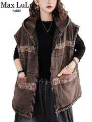 Max LuLu 2024 Winter Womens Printed Padded Hooded Denim Vest Ladies Loose Vintage Waistcoat Casual Luxury Warm Sleeveless Coats