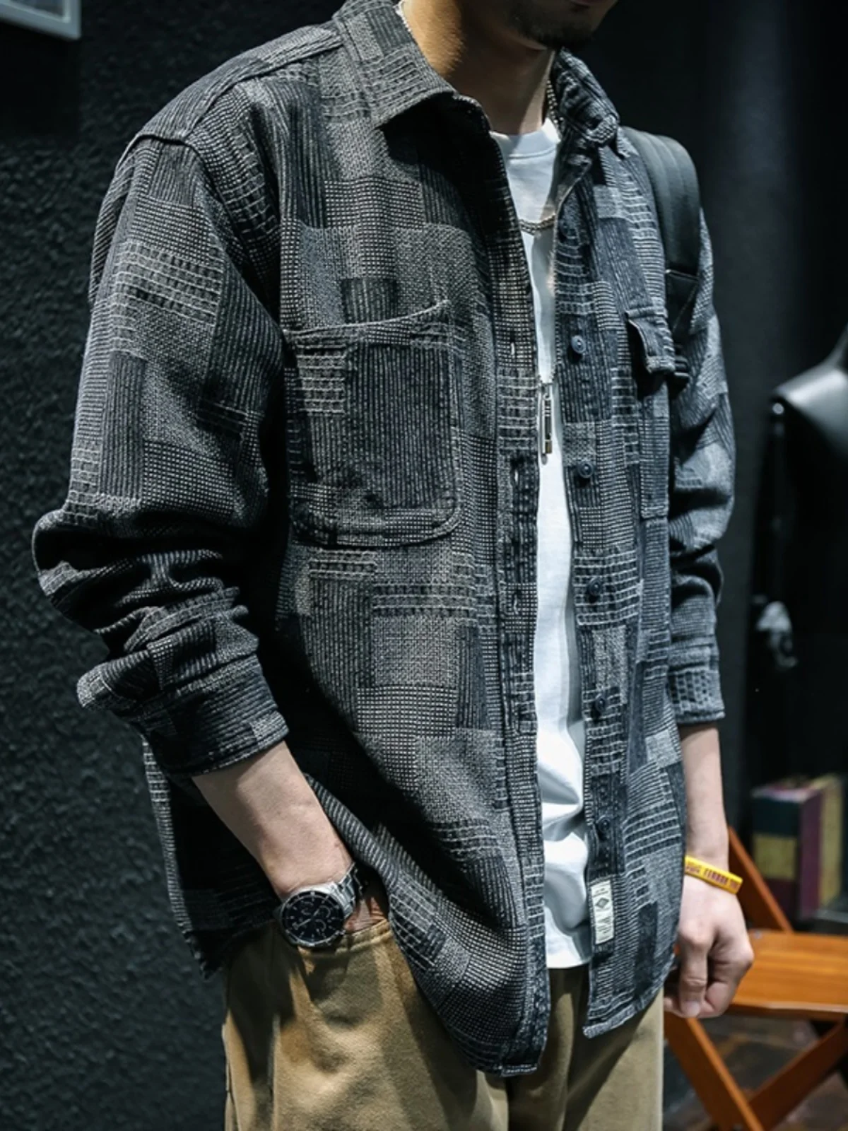 American Style Loose Casual Men's Denim Shirt Vintage Washed Workwear Plaid Jacket Long Sleeve Sharp Collar All Seasons