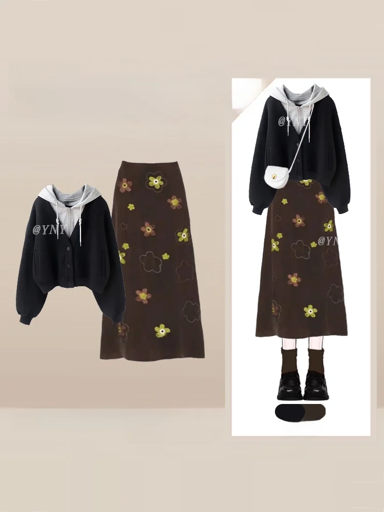 

Retro Autumn Winter Women's Korean Sle Hoodie Floral Print Skirt Two-Piece Set High Waist Midi Skirt Long Sve
