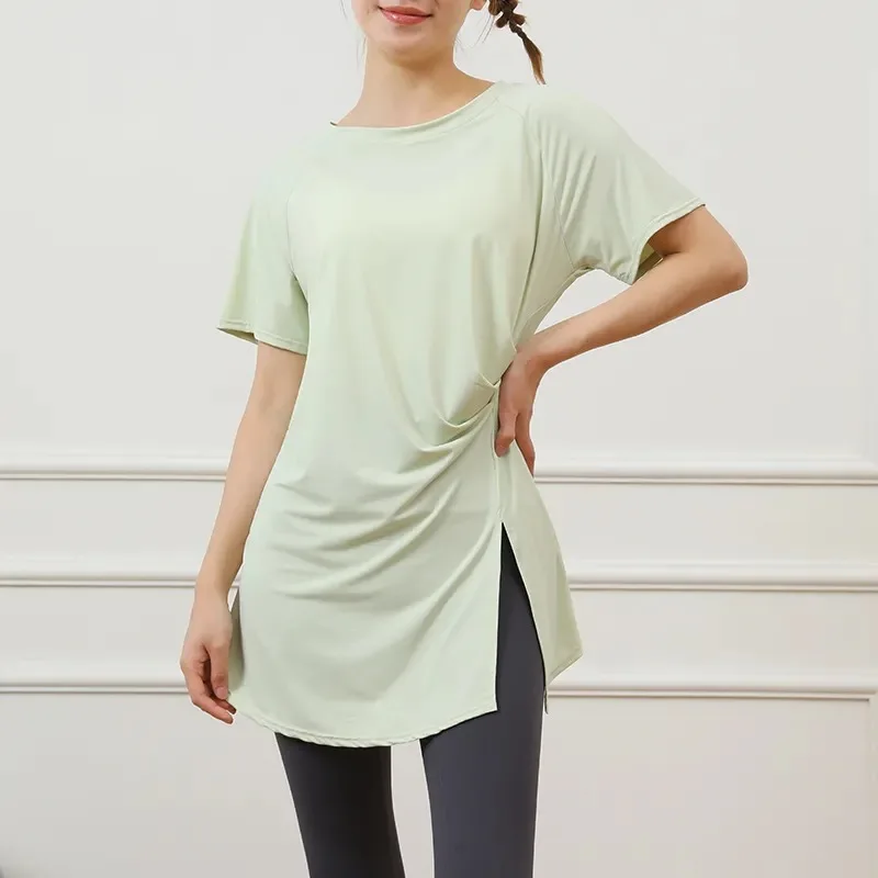 Women Quick Dry Yoga Tee Side Twist Split Hem Long Hip Cover Fitness Sport Short Sleeve Top
