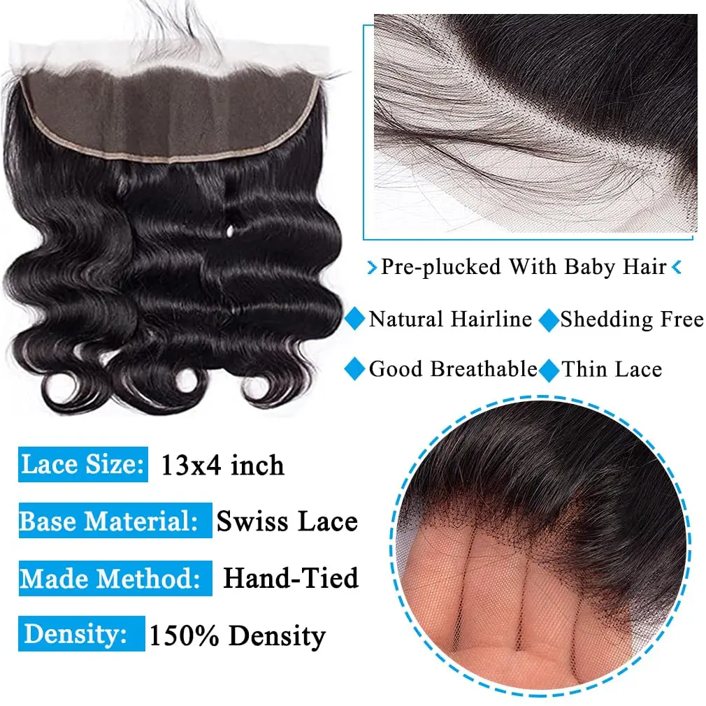 Body Wave Bundles with Frontal Human Hair Brazilian Real Virgin Hair 3 Bundles with 13x4 HD Lace Frontal Natural Black 3 Bundles