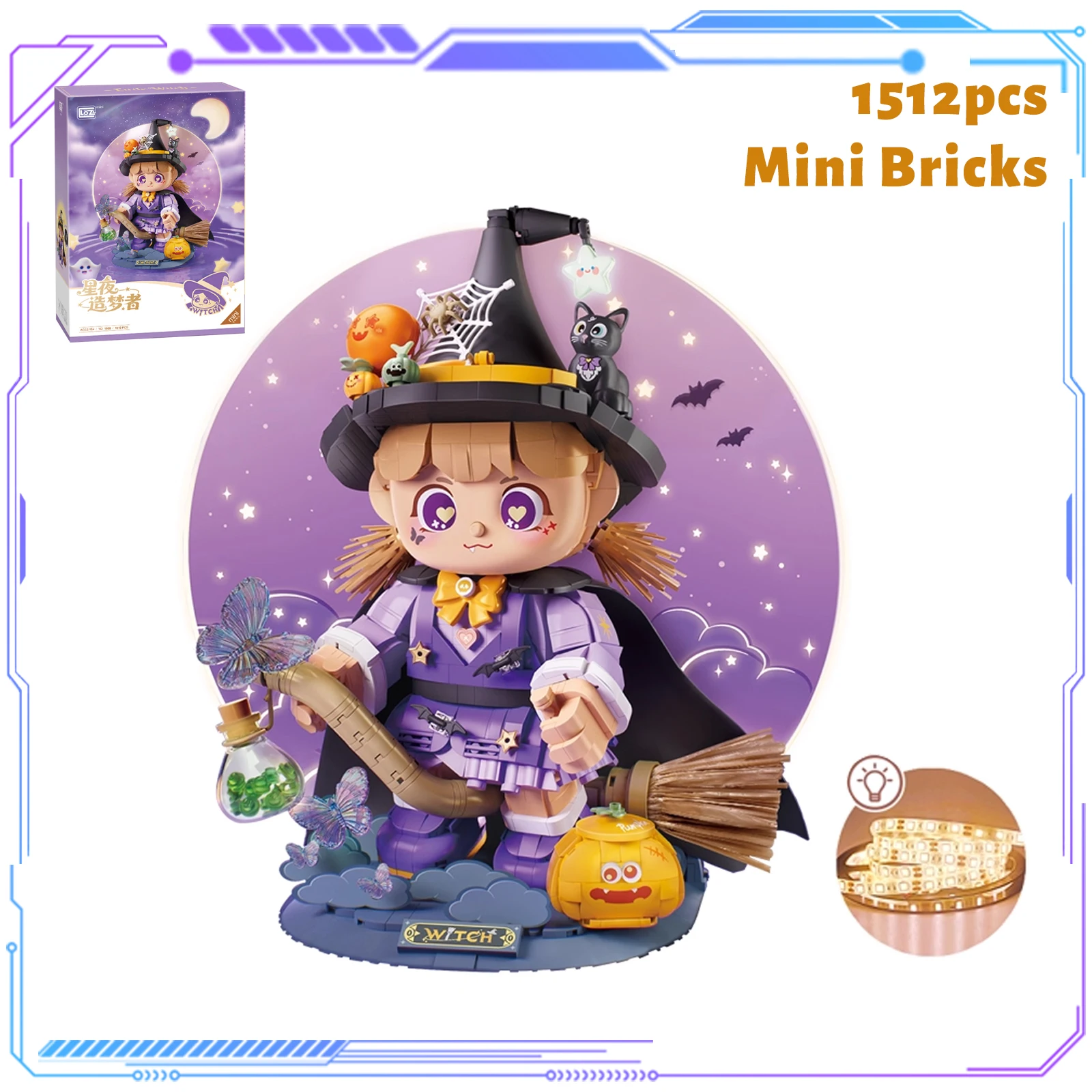 

1512PCS Mini Bricks Little Witch with Lighting Building Blocks Magic Halloween Pumpkin Black Cat Flying Broom Kids Girl Toy Gift