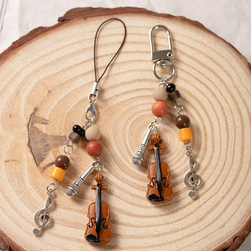 Violin Microphone Bead Music Keychain Mobile Phone Chain Niche Retro Bag Pendant Blackpack Lanyard Accessory Key Ring Gifts