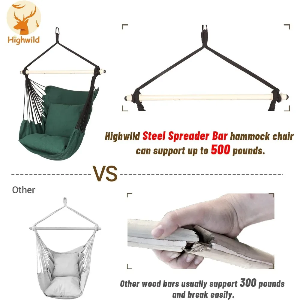 Highwild Hammock Chair Hanging Rope Swing Max 500 Lbs - 2 Cushions Included Steel Spreader Bar with Anti-Slip Rings for An