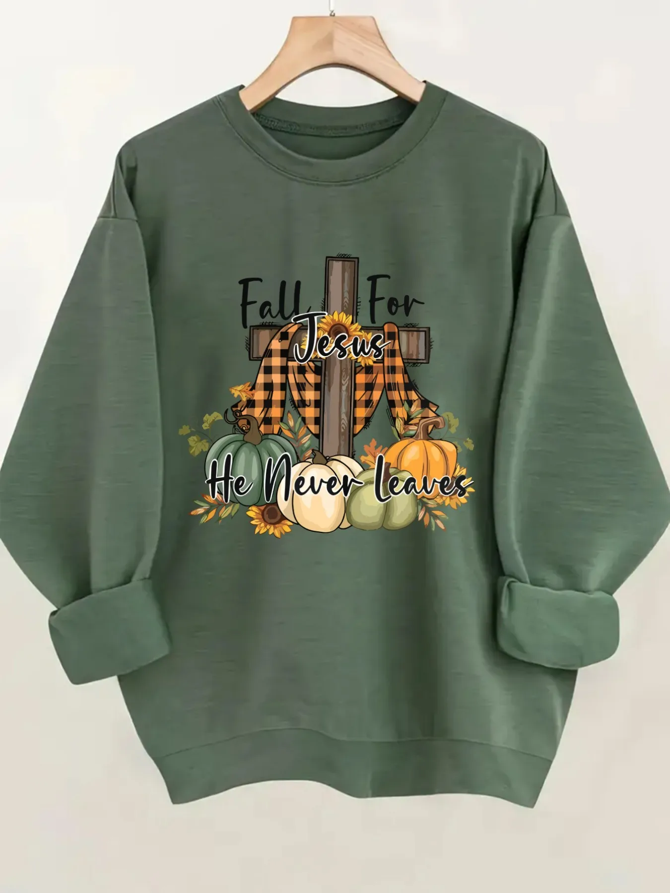 Women's Crew Neck Pullover Sweatshirt Fall For Jesus Design, Soft Casual Long Sleeve, Daily Casual Top Outfit, Winter Women's Clothing, Thanksgiving Outfit