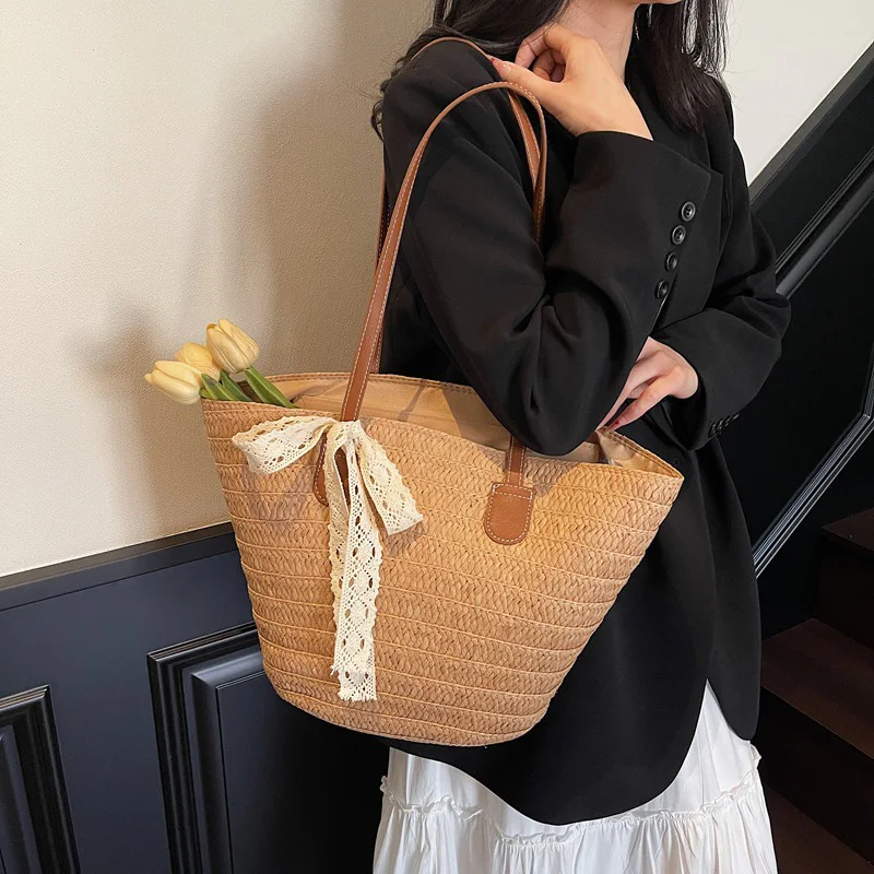 CLAREGQI Lace Bow Straw Tote Bag, Women's Large Capacity Woven Shoulder Purse for Summer Beach French Style Lace Bow Straw Tote
