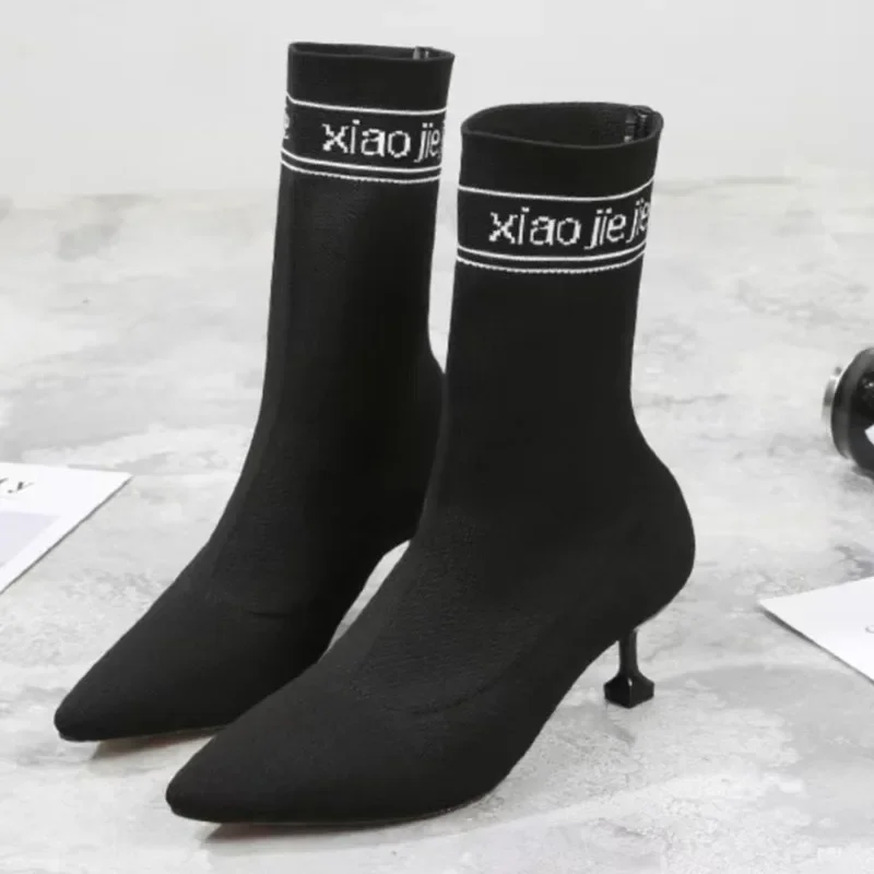 2025 Spring Autumn Stretch Fabric Women Ankle Boots Sexy Pointed Toe High Heels Fashion Female Socks Pumps Shoes Alphabet Style