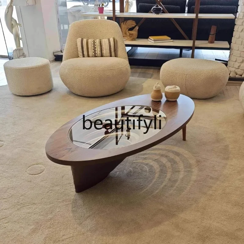 N178 Designer light luxury solid wood coffee table North American black walnut oval living room tea table