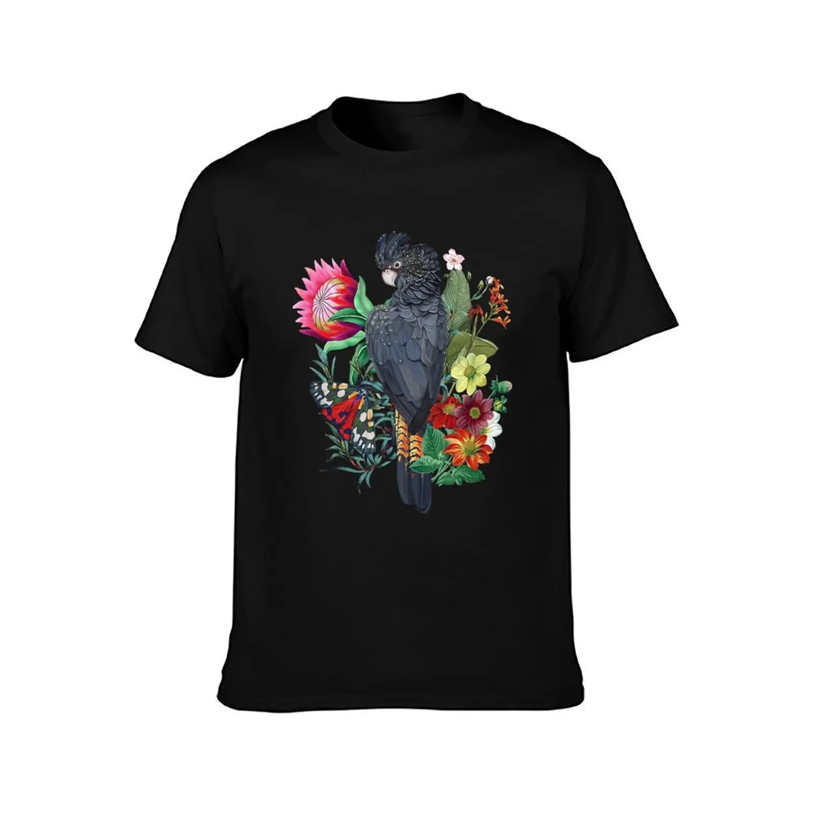 Black Parrot Cockatoo With Flowers And Butterfly T-Shirt Casual Loose Short Sleeve Tee for Men T-Shirt