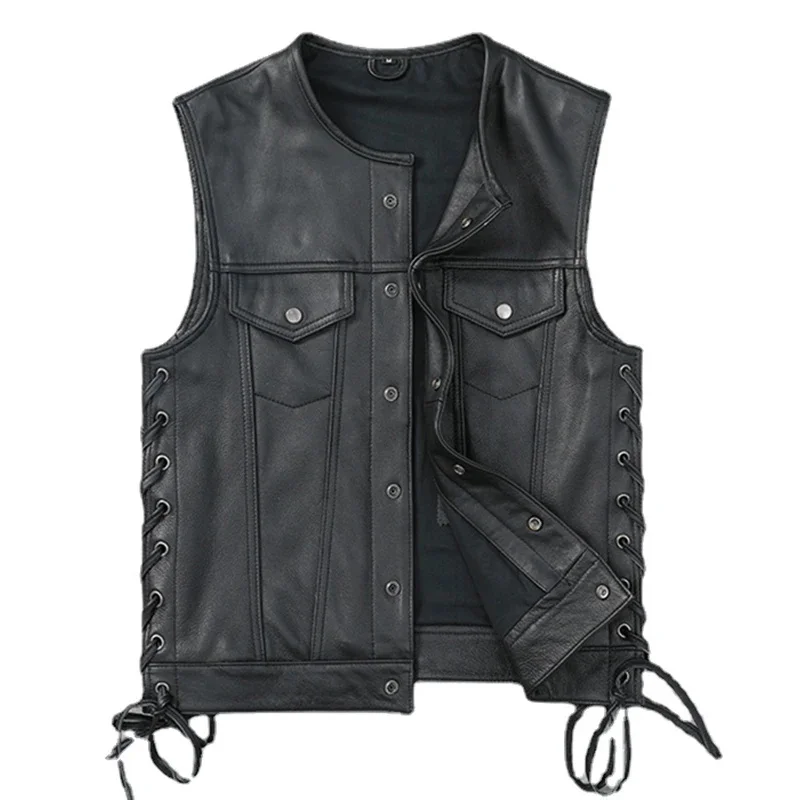 Soft Thin Cowhide Genuine Leather Vest Men Sleeveless Jacket V-Neck Motorcycle Biker Waistcoat for Riding