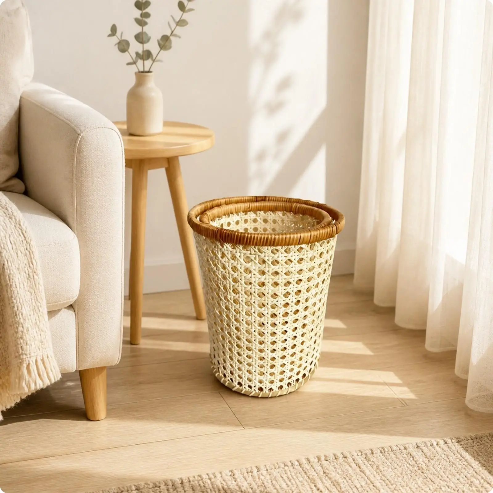 Decorative Storage Basket Rattan Woven Organizer for Closet Living Room Entryway Lightweight Durable White Finish