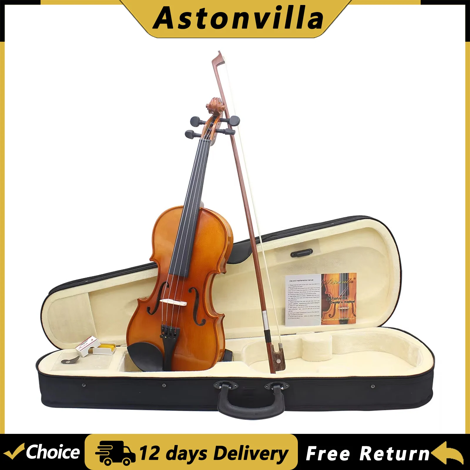 Astonvilla AV-03 Akustische Violine mit Fichtenholzdecke, Massivholz-Geige, Saiteninstrument mit Koffer und Bogen, 4/4 3/4 1/2 1/4 1/8 Violine