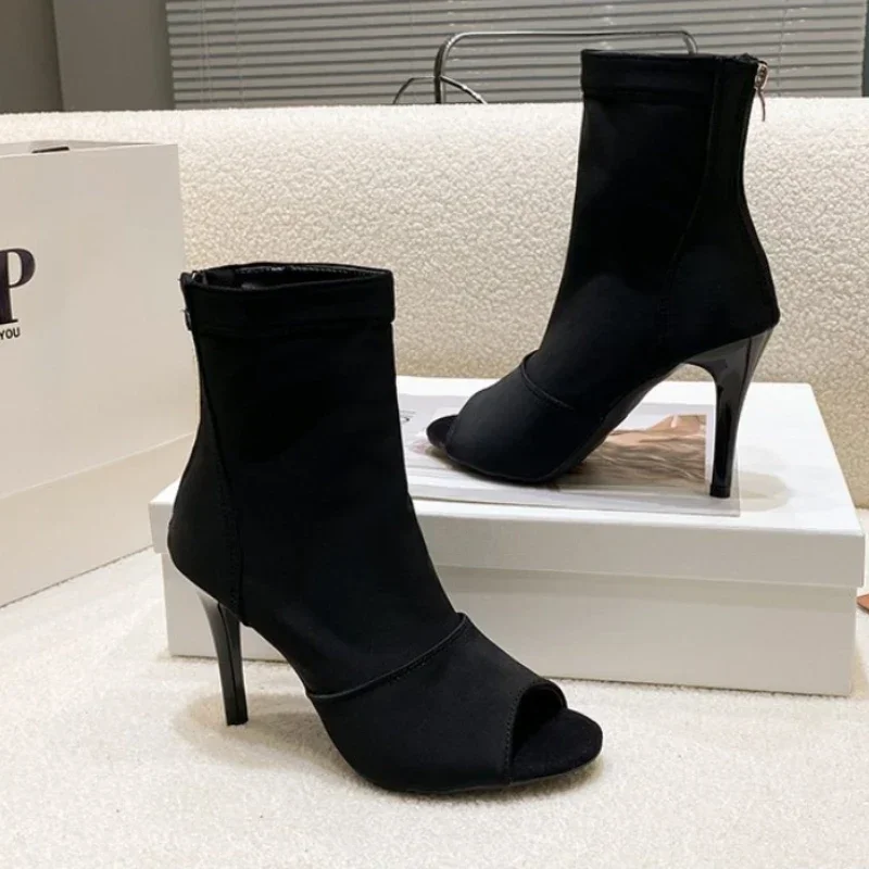 2025Women Ballroom Latin Dance Shoes Black Soft Bottom Bachata Salsa Dance Sandals  thin Heel  Sock Boots