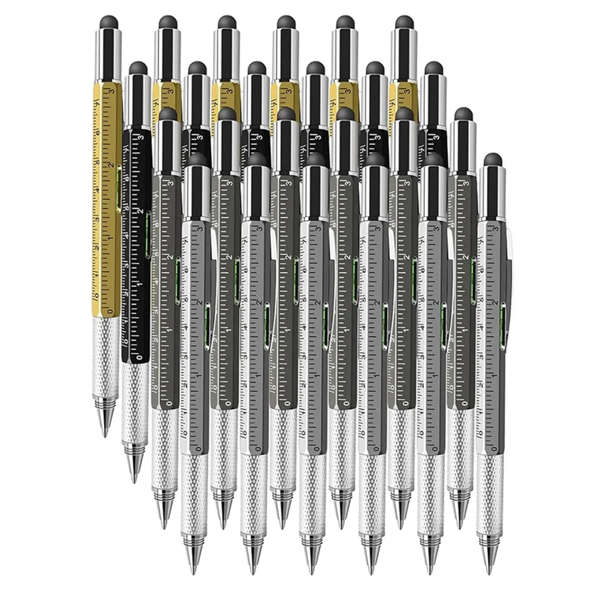 (A23G) 24 PCS 6-in-1 Multitool Pen with Ruler, Level, Stylus, Screwdrivers - Ideal Gift for Men