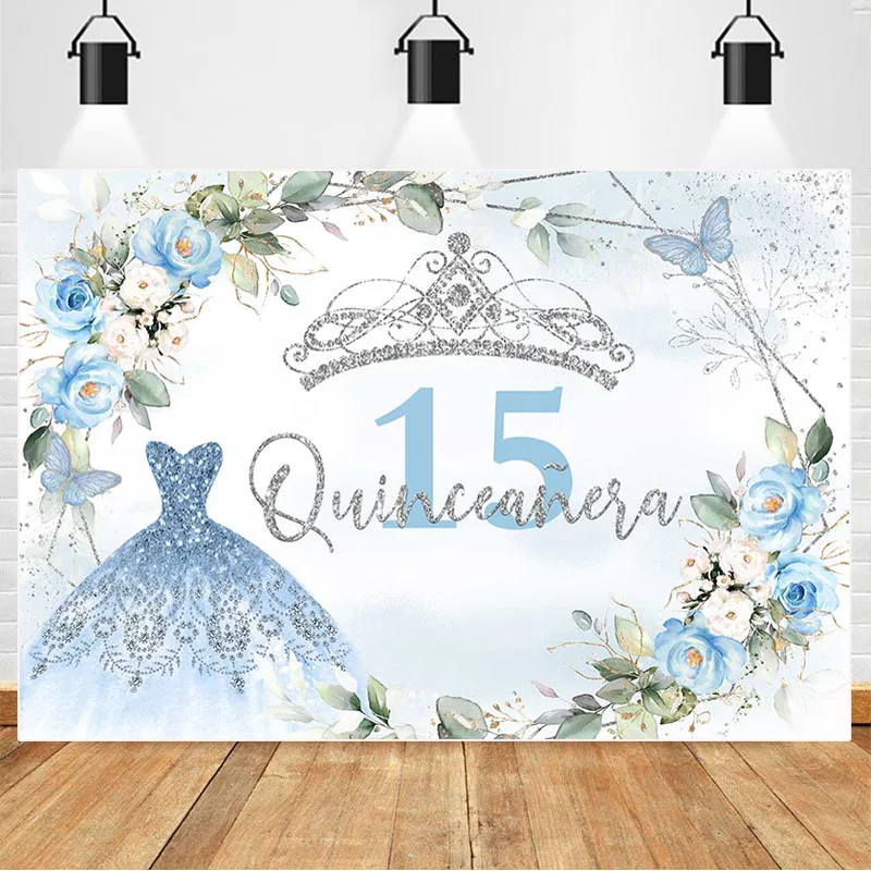 성인식 15 번째 생일 배경, 15 번째 생일 파티 장식, 블루 실버 꽃 왕관, 나비 배너 사진 배경