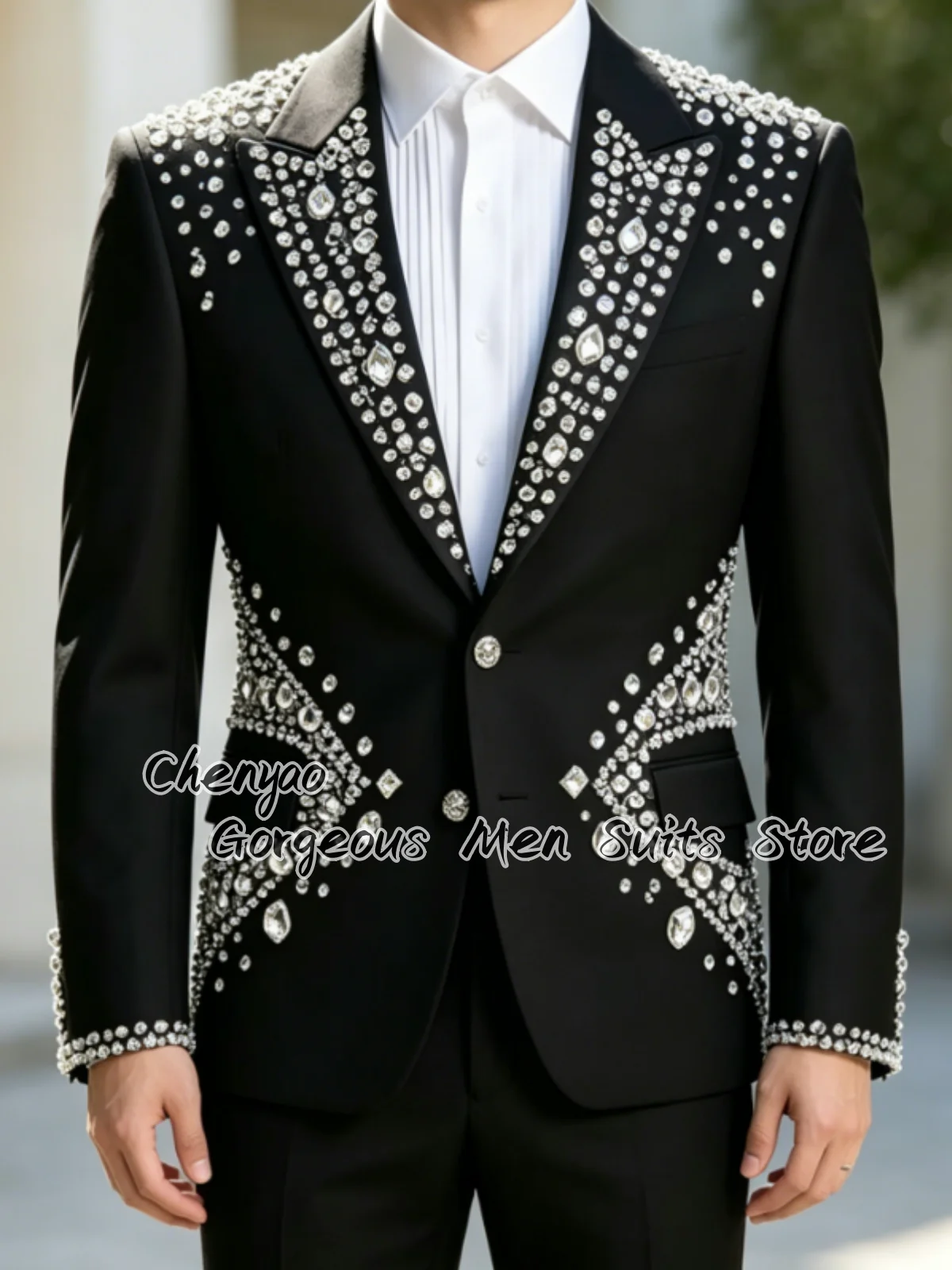 Traje de hombre negro con cristales de lujo, esmoquin personalizado para novio, blazer elegante para fiesta de bodas, conjunto formal de 2 piezas para hombre, ropa para hombre