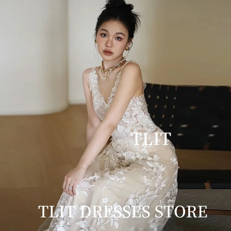TLIT Elegant Appliques Crystal Lace Evening Dresses Spaghetti Strap V-Neck Prom Gowns 이브닝 드레스 Customized Corset Gowns