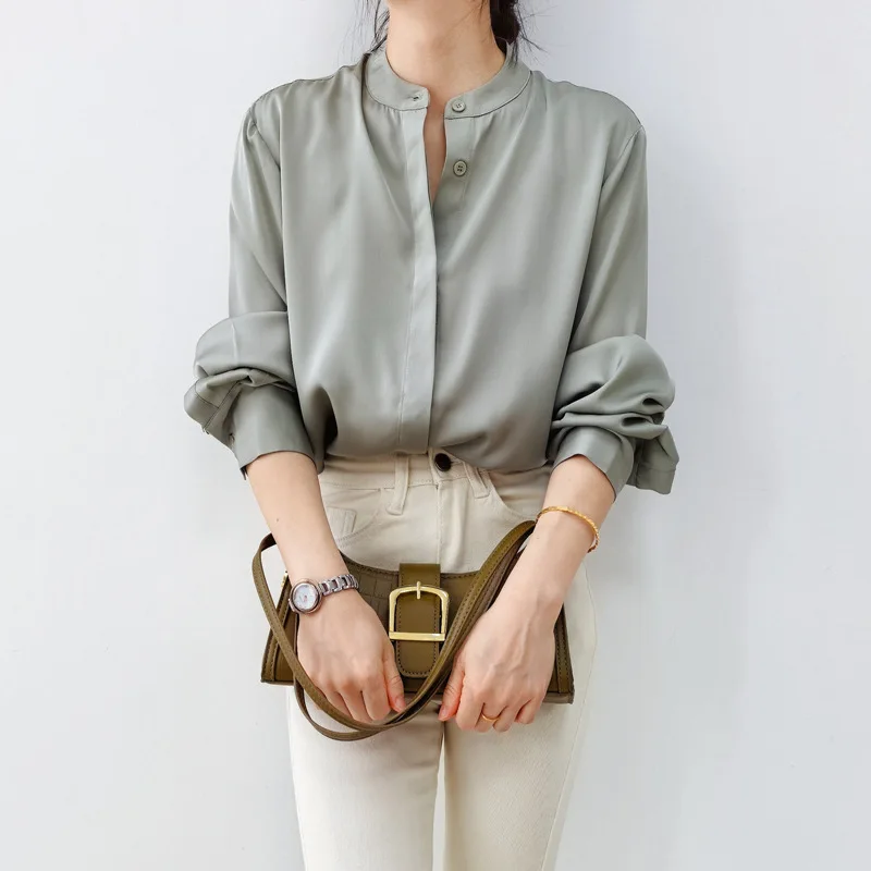 Women Mulberry Silk Shirt Stretch Double Small Stand-up Collar Shirt