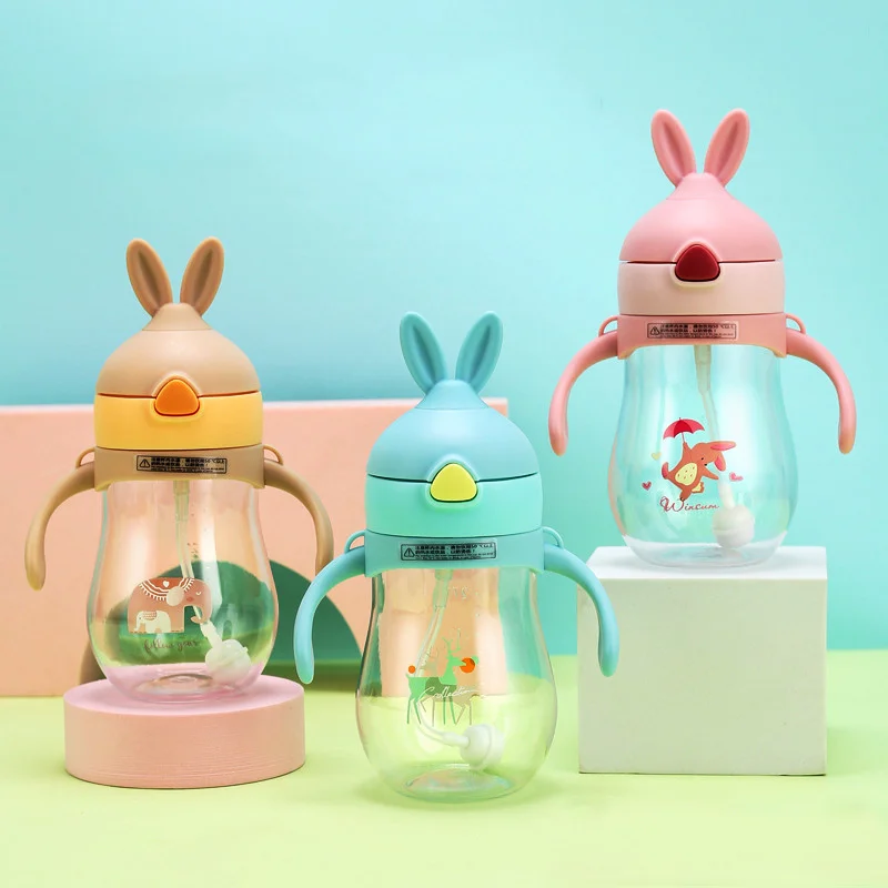 

270/300ml Rabbit Ear Baby Sippy Cup Leakproof Portable Toddler Water Bottle With Gravity Ball Straw Infant Kids Drinking Cup