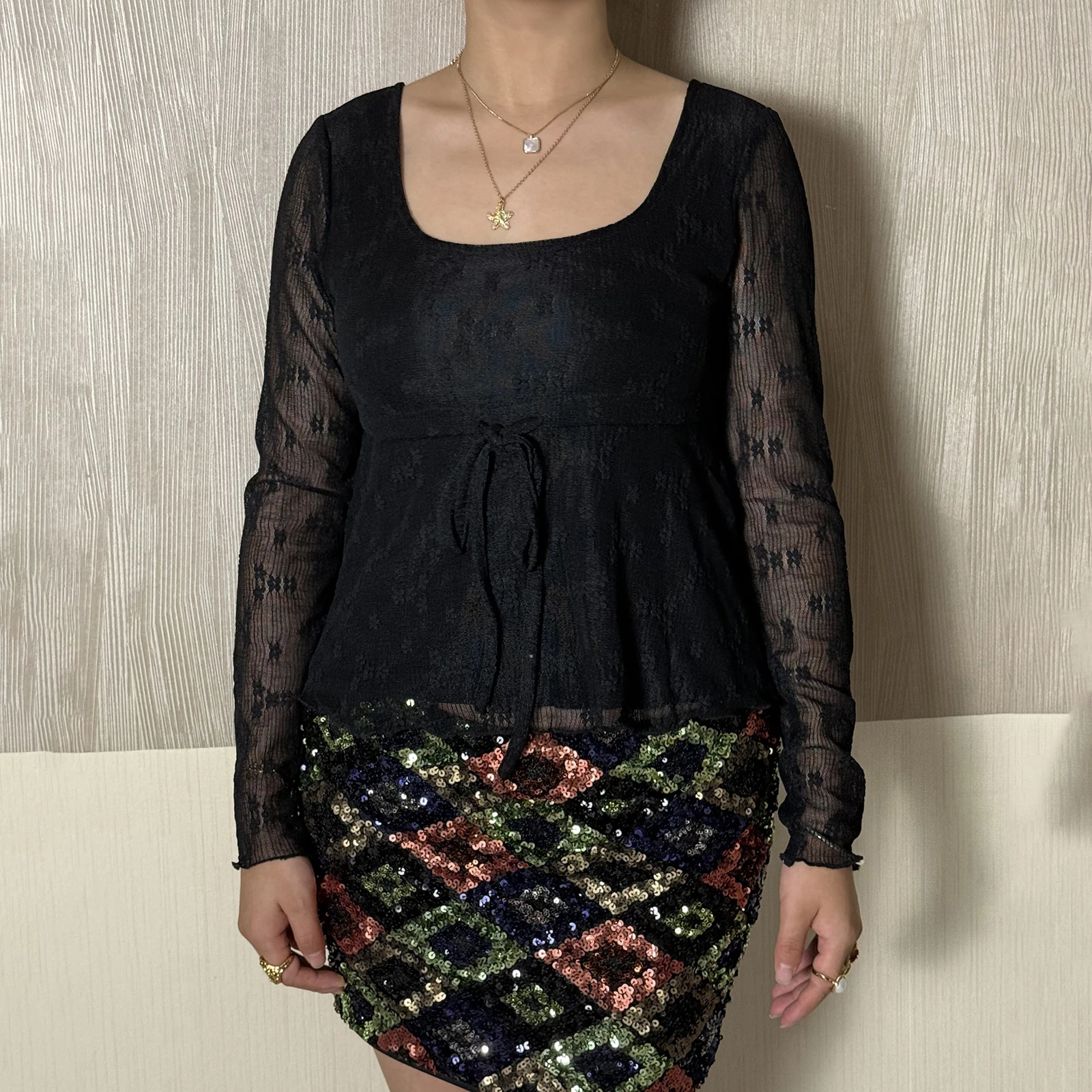 

Spring Fall Casual Tie-up Front Long Sleeve Lace Tops Women’s Square Neck Slim Fit Ruffle Blouses Shirts