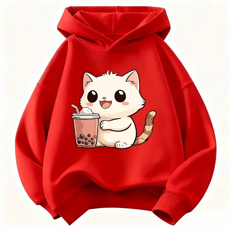 Cute Cat Drinking Hoodie Kids Cat Children's Sweatshirt Hoody for Boys Girls Casual Hoodies Hip Hop Clothes