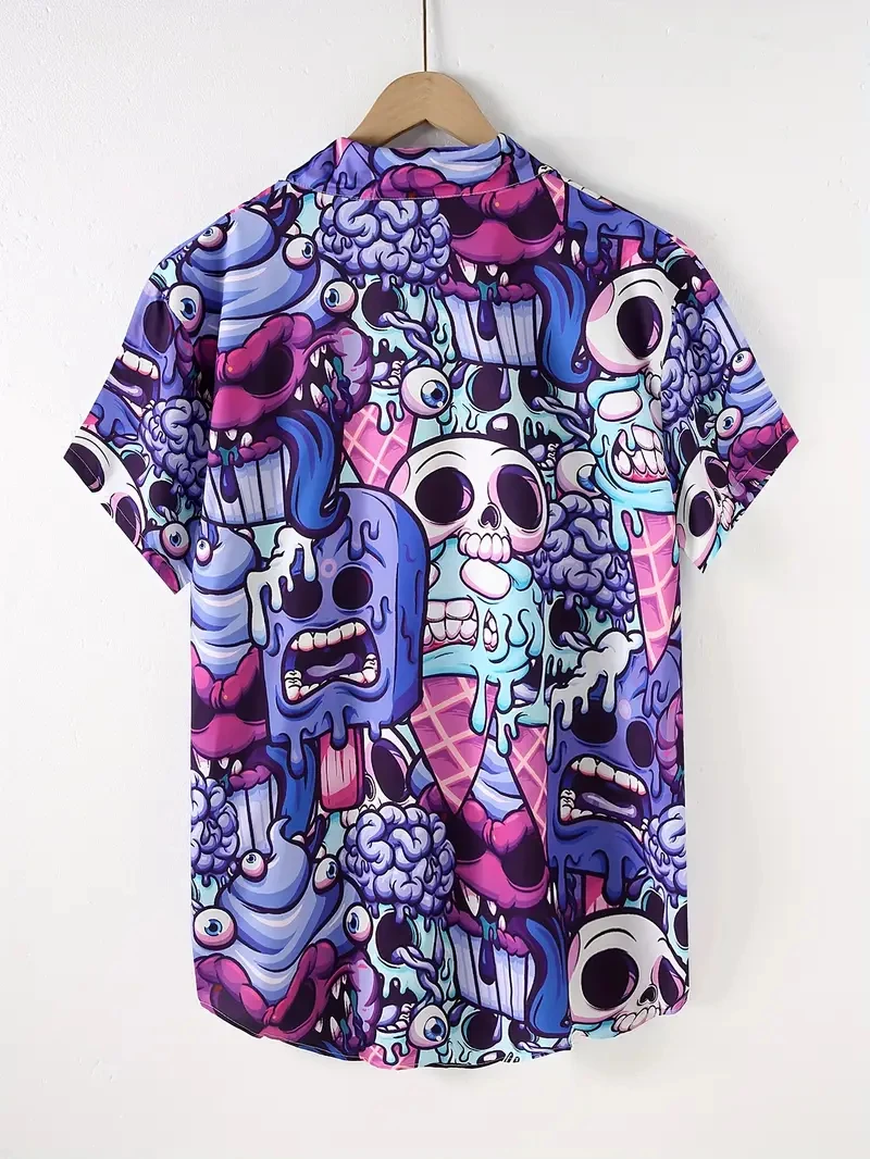 2025 News Hawaiian Horror Skull Ice Cream Men's Shirt Floral 3D Print Lapel Single Button Halloween Beach Tops Unisex Gifts