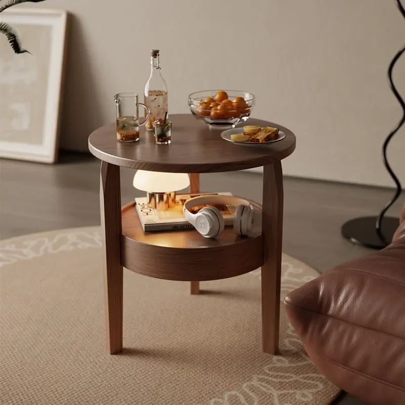 Light luxury solid wood double-layer round table, sofa side table, solid wood living room coffee table, bedroom bedside table