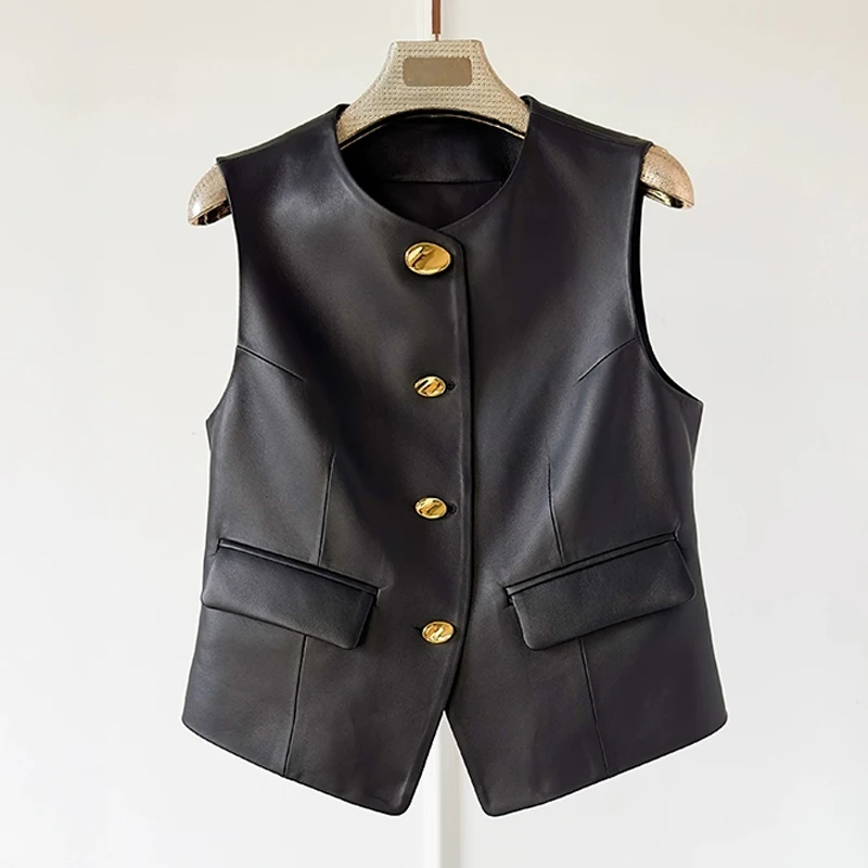 

100% Real Sheepskin Vest Coats for Women Fashion O-neck Single-breasted Slim Waistcoat Tops Casual Ladies Sleeveless Vest Tops