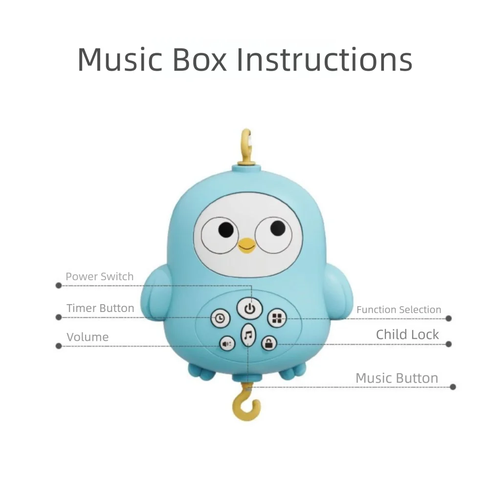 Campana da letto musicale per bambini a forma di gufo, rotazione a 360 gradi, campana da comodino sospesa, giocattolo versatile per campanello da letto in cartone animato per bambini da 0 a 18 mesi