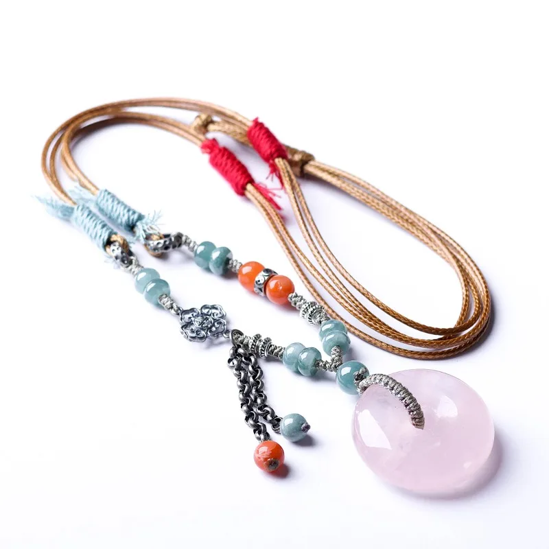

Handwoven Natural Pink Agate Peace Buckle Jade 925 Silver Necklace Ethnic Style Sweater Chain Surprises
