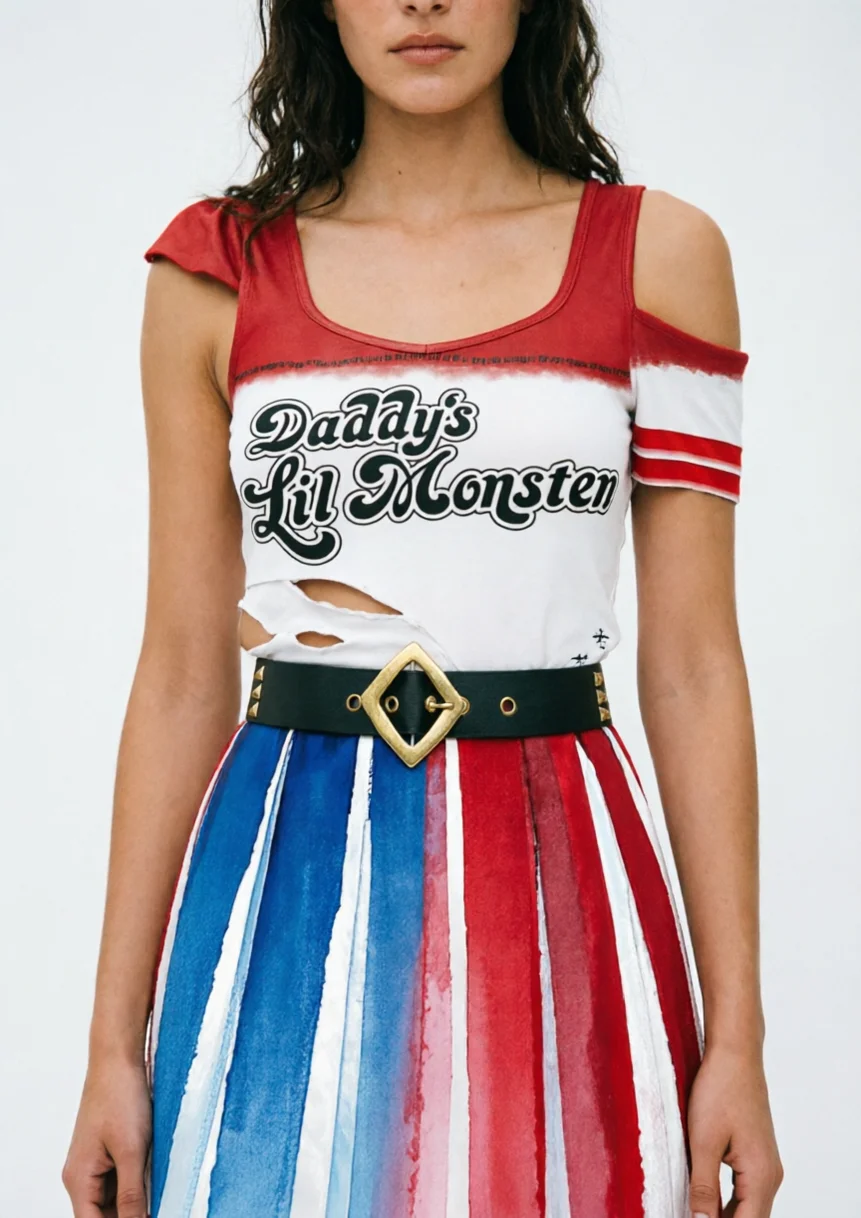 

Women's Punk Style Party Dress Red White Blue Striped Sleeveless Distressed Design Printed Waist Cincher Halloween Carnival
