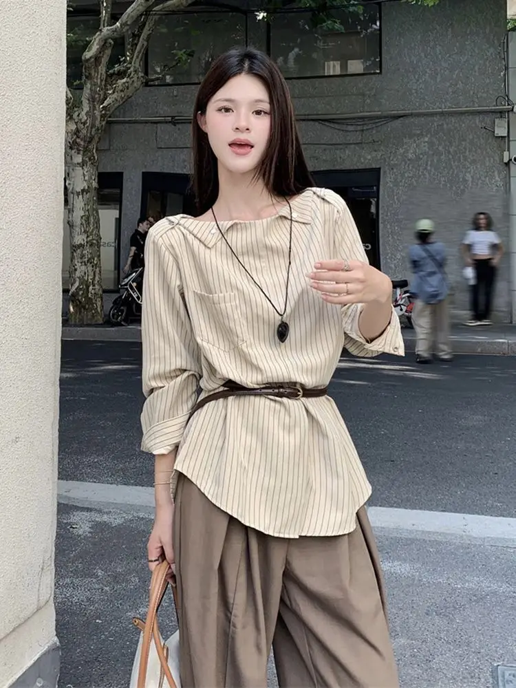 Striped one-word shoulder long-sleeved shirt women's 2025spring French slightly fat loose and thin high-end temperament top tide