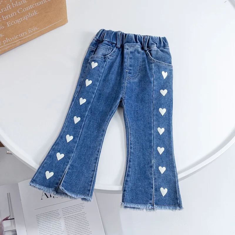 

LYY-Korean Children's Clothing2024Autumn Girls Denim Bell-Bottom Pants Spring and Autumn Fashionable Baby Heart Printing Bootcut