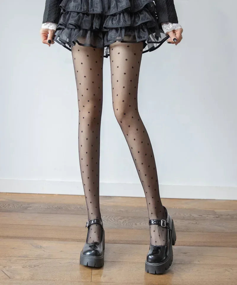 Collant Donna Nero Lolita Dolce Ragazze Collant Vita alta Calza corpo Polka Dot Coscia alta Calza Collant Donna Stretto