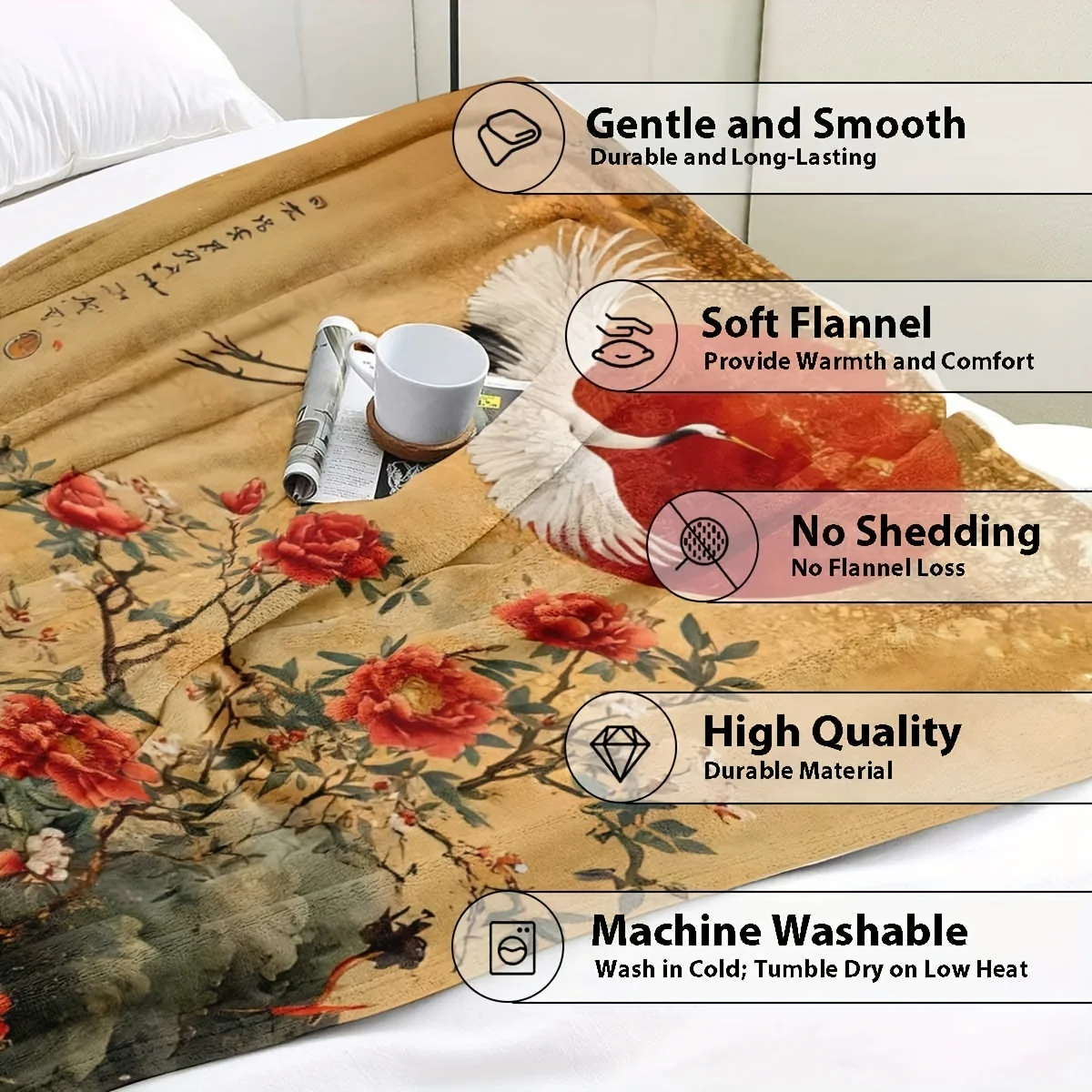 Retro Crane Pattern at Sunset Flannel printed blanket suitable for all seasons suitable for living room office sofa and travel