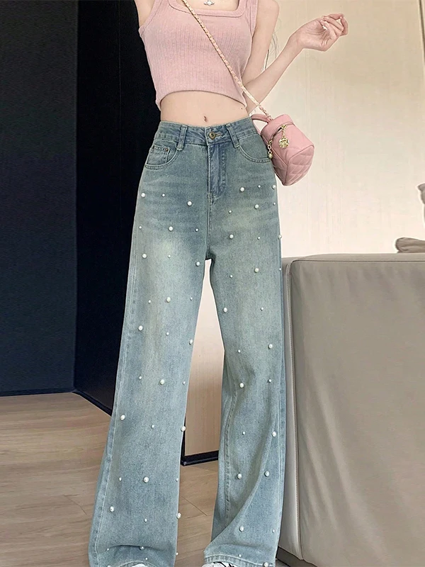 بنطلون جينز نسائي أنيق على الطراز الكوري مزين باللؤلؤ واسع الساق ضيق القص صيفي عصري مستقيم الساق