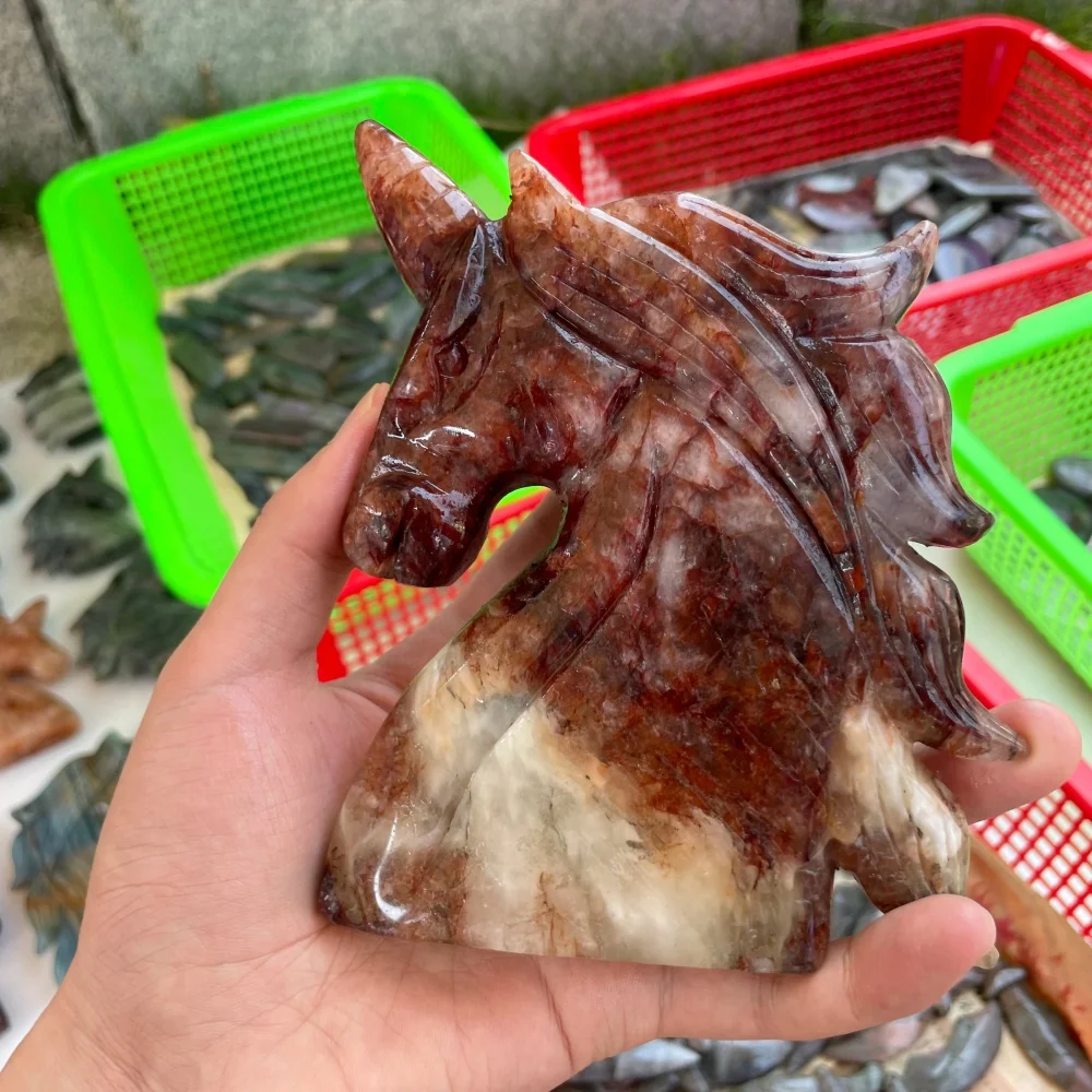 12cm Natural Red Fire Quartz Hematoid Unicorn Carving Crystal Healing Reiki Tone Home Decor Carved Healing Stone Energy Gem