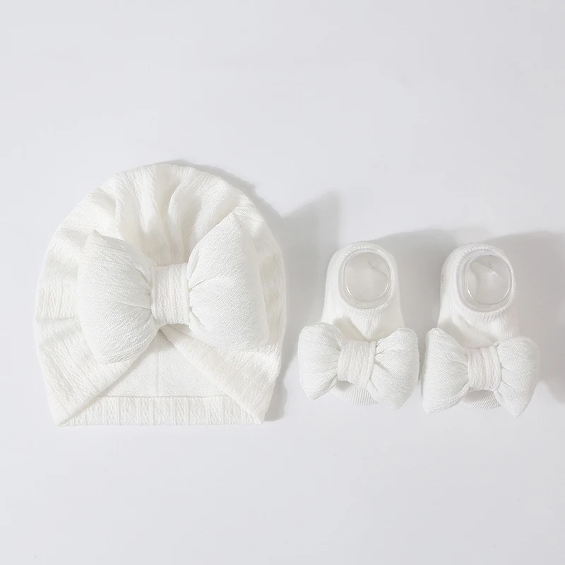 Solid Color Baby Turban Hat Socks Set Cute Bow Newborn Beanie Cap Boy Girl Anti-slip Floor Socks Infant Soft Headwrap