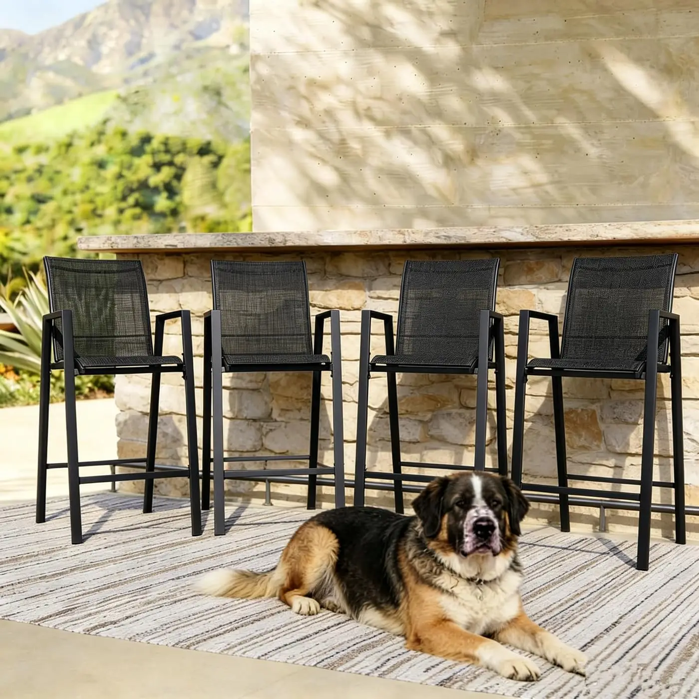 Outdoor Patio Bar Stools Set of 4, Stackable Counter Height Short Bar Chair, Patio High Furniture Chair Set, Outdoor Furniture