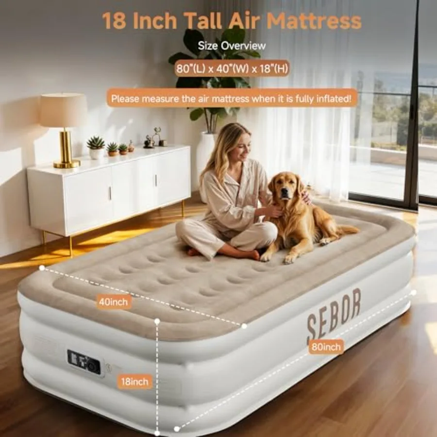 Air Mattress with Built-in Pump for Guest and Camping, Durable Khaki White Self-Inflating Blow Up Mattress with High-Speed Pump