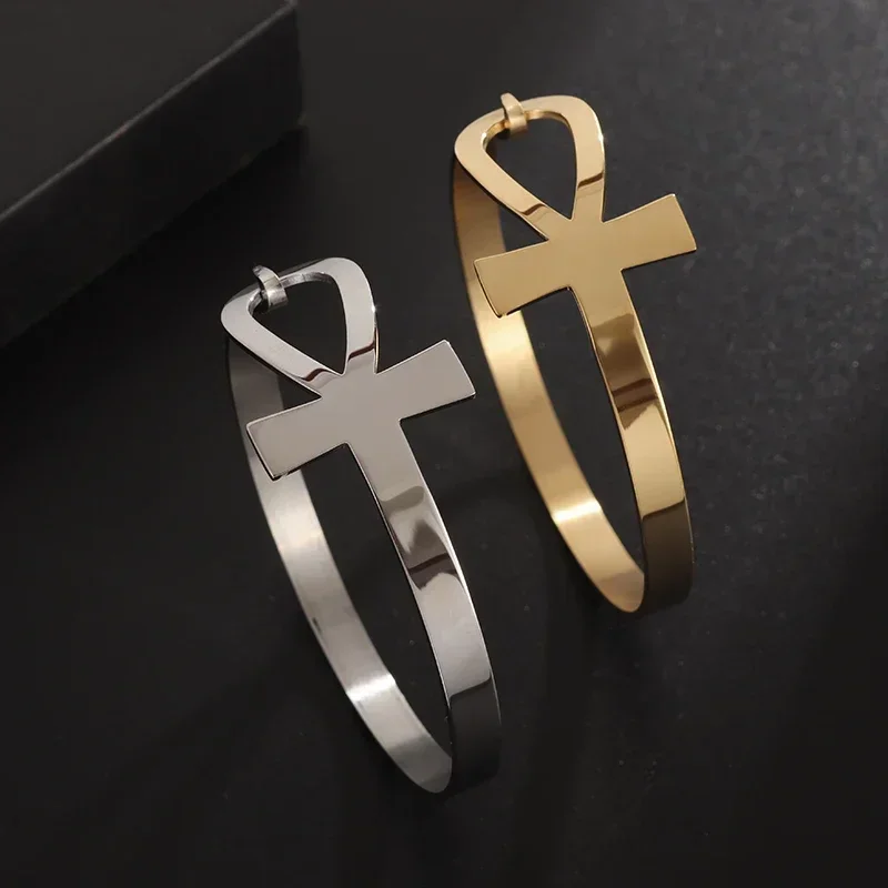 Stainless Steel Egyptian Sign Ankh Cross Life Cuff Bracelet for Women Girls Beautiful Religious Style Gift