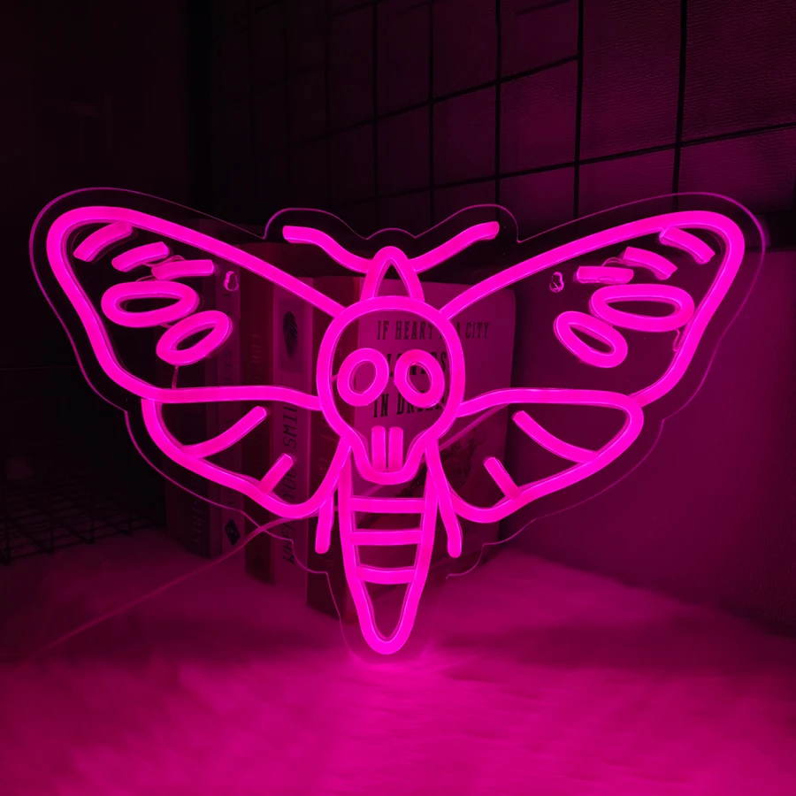 

Pink Moth Neon Sign, Death Skull Icon Handmade, Used For Bedroom, Game Room, Club Party, Insect Gallery Art Decor, Easy To Hang.