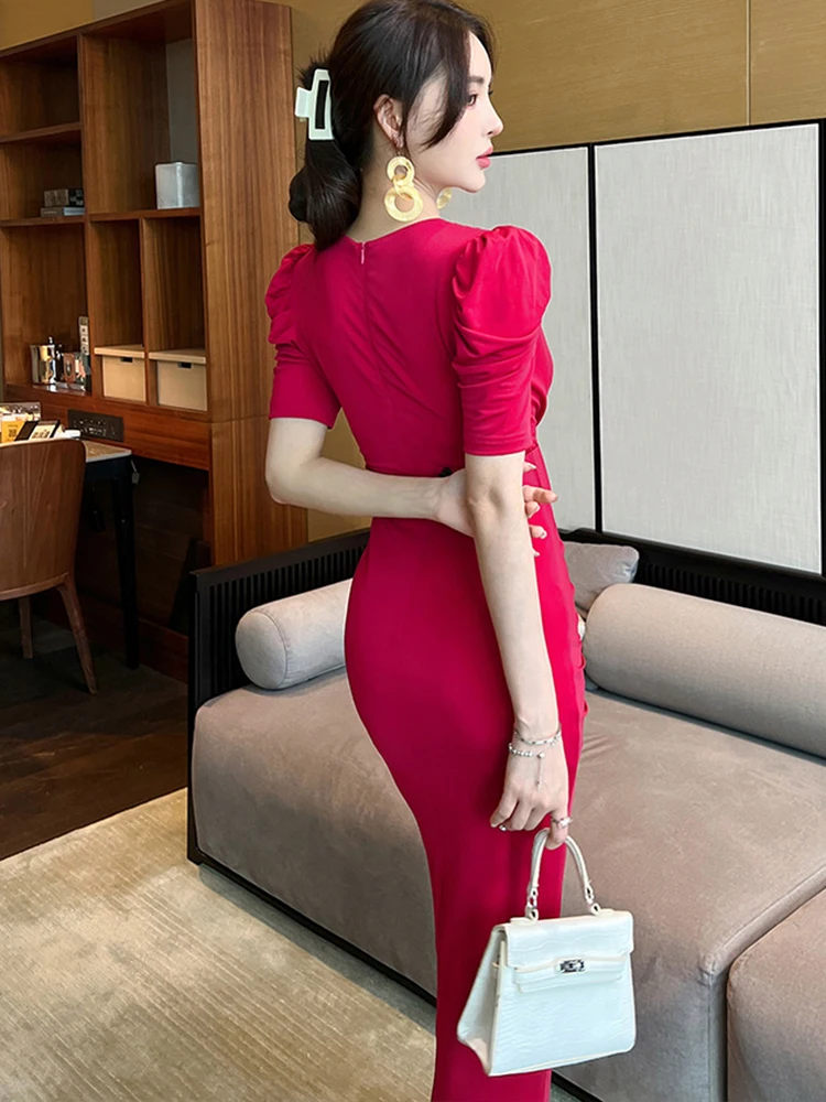 French Women Evening Dress Temperament Retro Formal Folds Short Sleeve Slim Midi Party Club Gown Robe Femme Mujer Vestido Fiesta