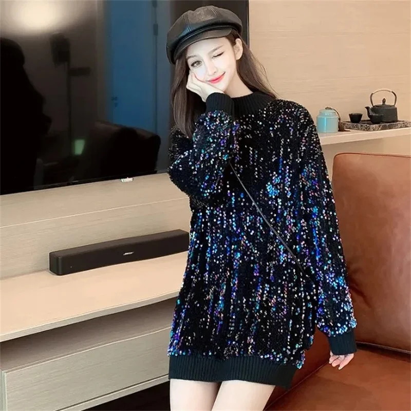 Sequin Pullover Top Women Autumn Winter Add Velvet Thickening Mini Dress Female Loose Korean Sweatshirt Lady Tops