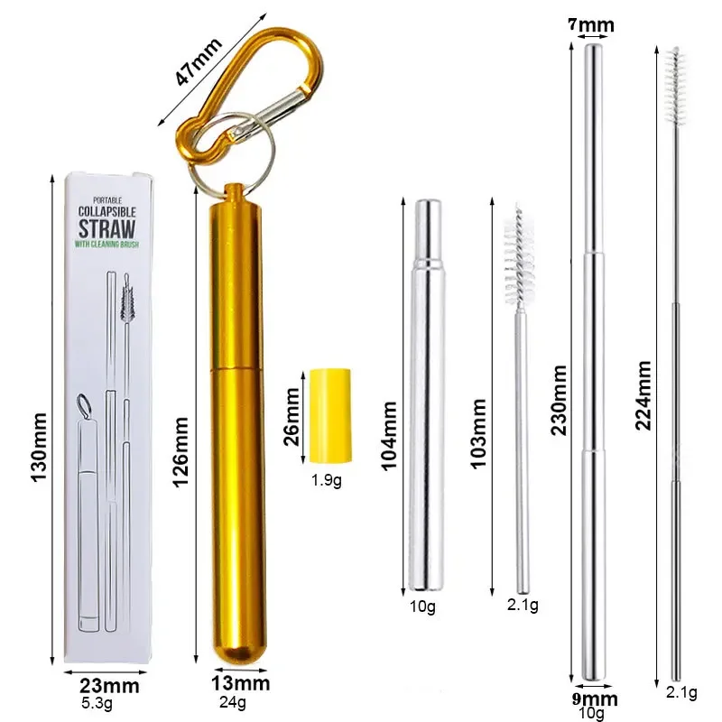 伸縮性のある再利用可能なストロー,金属製のストロー,ポータブル,ステンレス鋼,トラベルケース付き