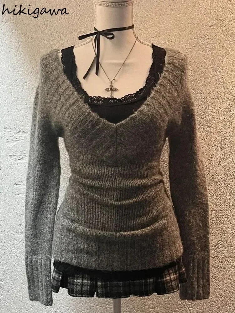 Pulôveres para mulheres outono inverno roupas sueter mujer com decote em v manga longa jumper de malha y2k camisola topos casual chique pull femme