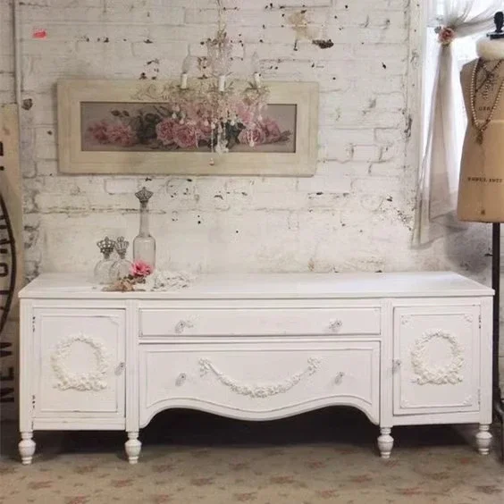 

French retro carved solid wood TV Small apartment floor cabinet Audio-visual cabinet Bedroom side cabinet storage locker